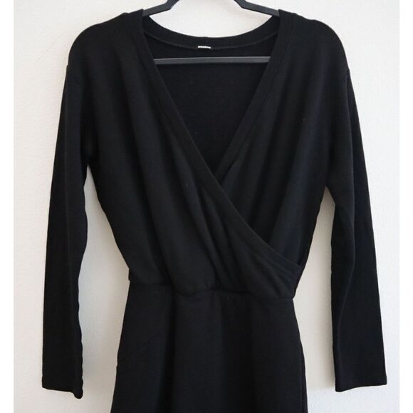 Monrow Women's Sz Small Black Supersoft Fleece Cross Over V Mini Dress - Picture 6 of 11